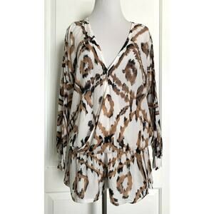 Tiare Hawaii Long Sleeve Romper NEW White Brown Geometric Print Boho Beach M